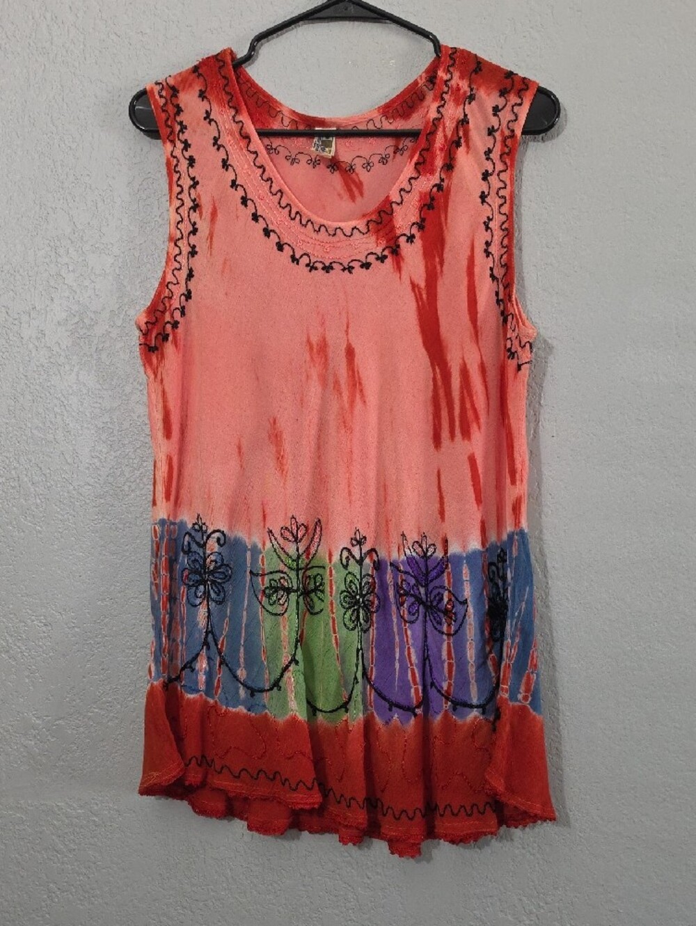 India Boutique Coral Tie-Dye Sleeveless Tank with Multicolor Embroidery Women OS